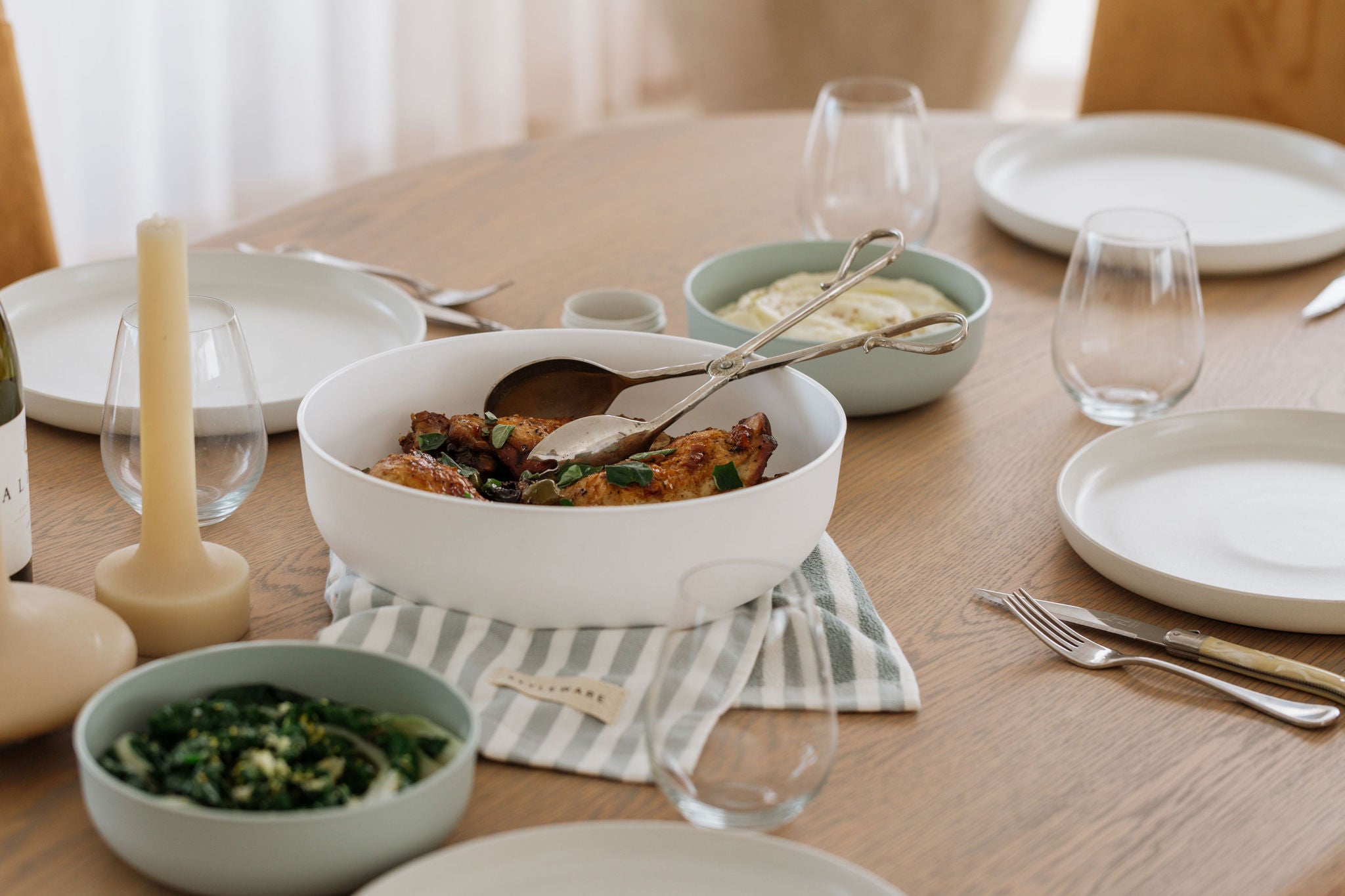 Braised Chicken with Prunes, Olives and Lemon, Buttery Cauliflower Mash and Garlicky Wintery Greens. ⁠