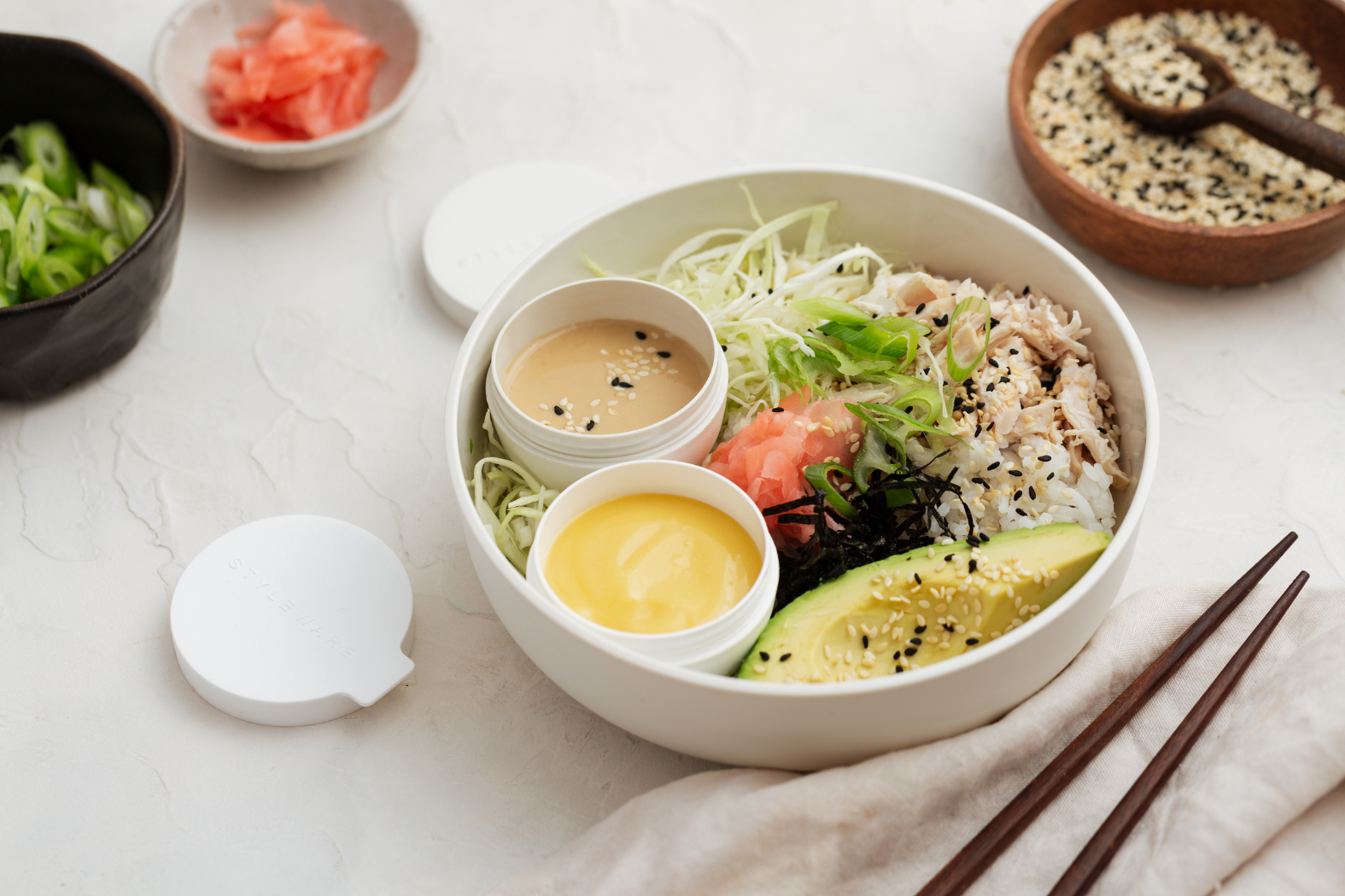 SUSHI BOWL WITH POACHED CHICKEN AND SESAME SOY DRESSING