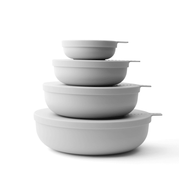 Stylish salad bowls with lids in grey, designed for food serving and storage.