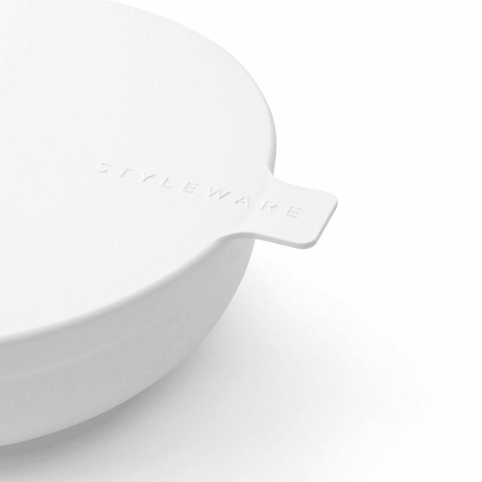 Serving bowls by Styleware in a crisp white and modern aesthetic, perfect for stylish serving and storage of food.