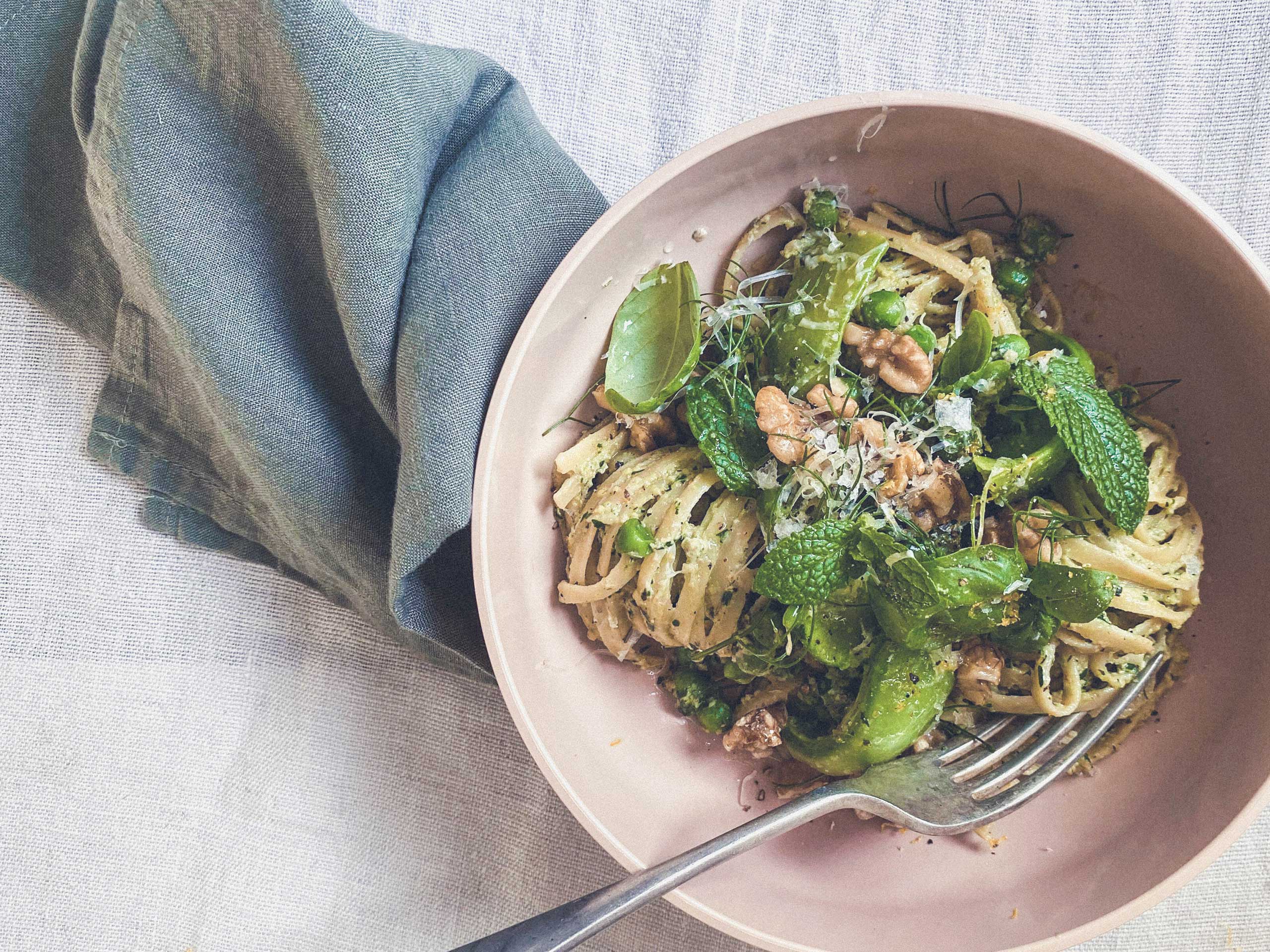 Styleware Style Files From Our Kitchen Recipe Series. The combination of walnuts, ricotta and herbs in this green linguine make it ever so moreish.