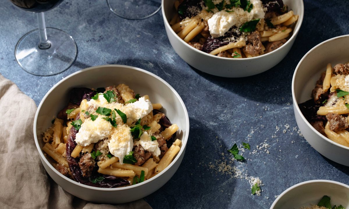 Winter Warmer, the perfect pasta with casarecci, pork sausage and ricotta, served here in Styleware Bowls.