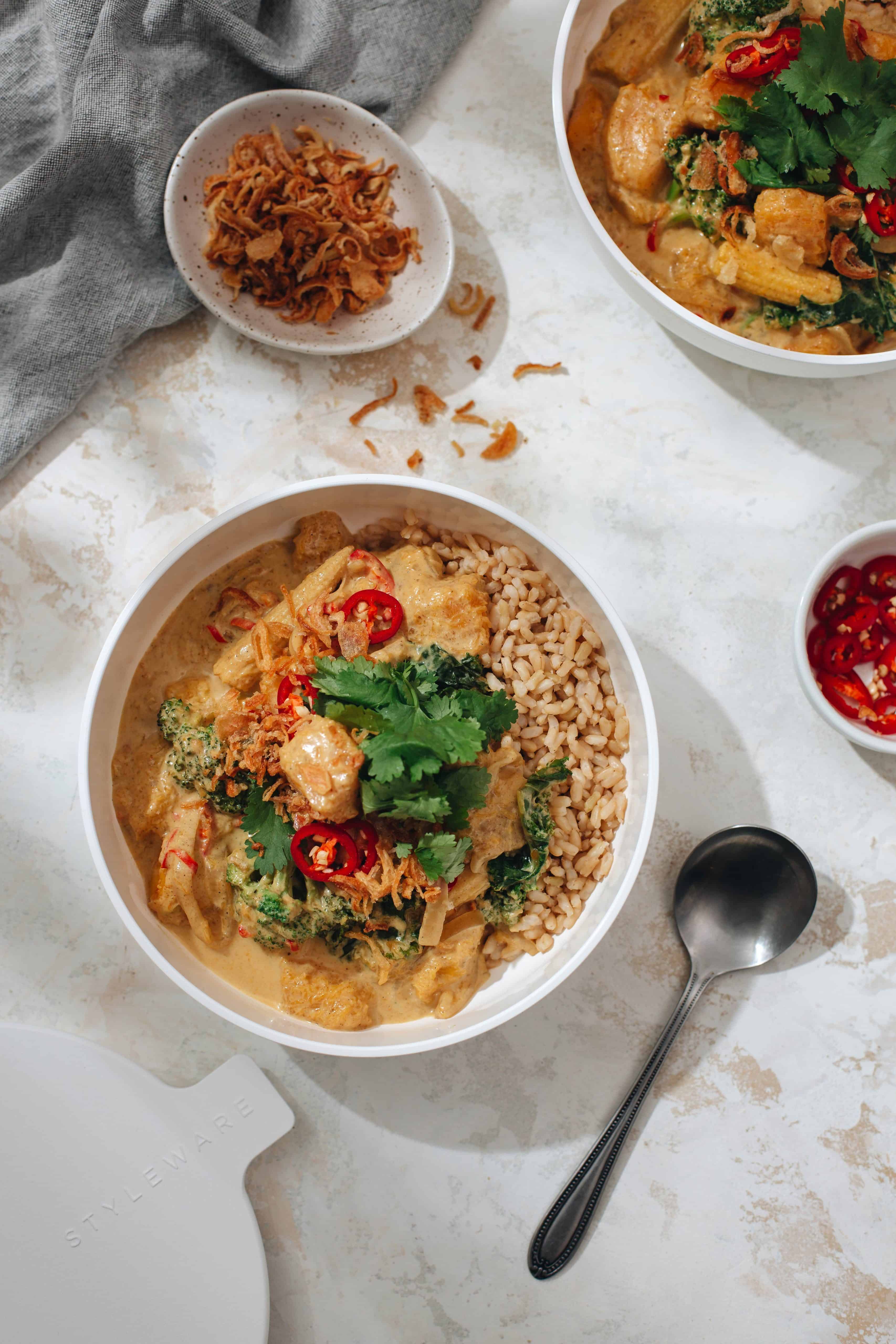Thai inspired pumpkin and coconut curry bowl, just pop your lid on with leftovers for the perfect lunch next day.