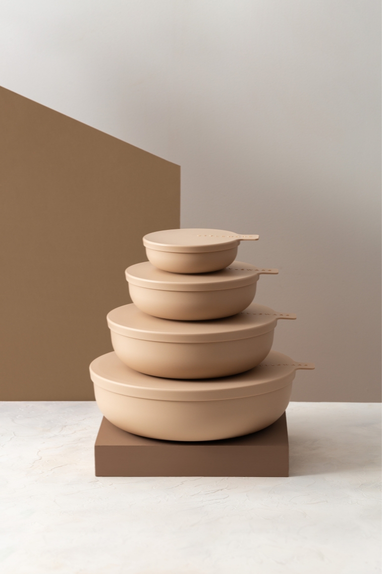 Food serving and storage containers in new Biscotti colourway.