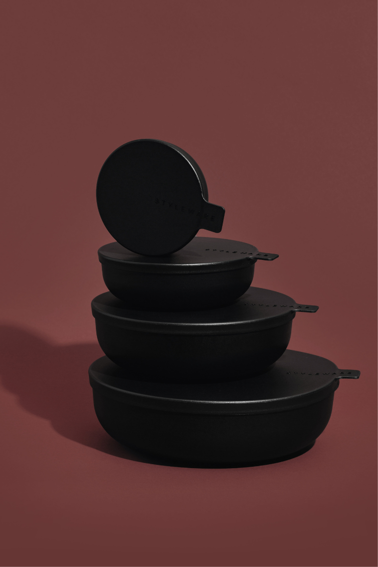 Back in stock Midnight colourway food storage containers and serving ware.